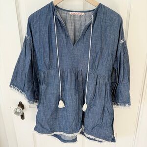 Banjanan Chambray Denim Bell 3/4 Sleeve Tunic Blouse Fringe Tassels Medium M